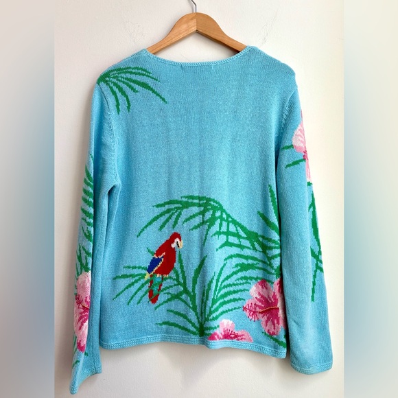 🦜 Vintage 90s David Brooks COLORFUL PARROT & Hibiscus Novelty Cardigan Sweater L - Picture 6 of 6